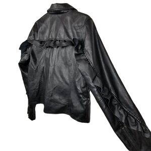 Pink Key Black Vegan Leather Moto Jacket with Ruffle Sleeves Women's Size Large